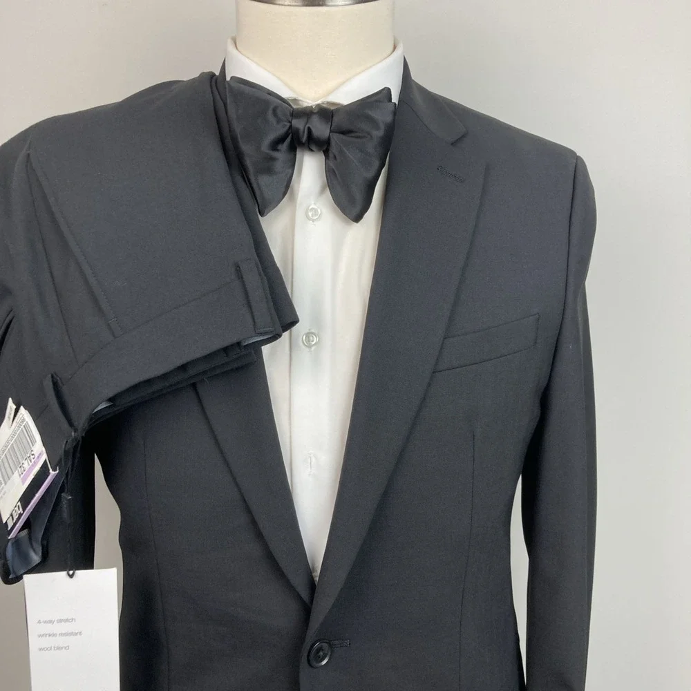 Bar III Mens Slim fit 2-pc Suit Jacket Blazer 38R Black Solid Pants 32W 32L